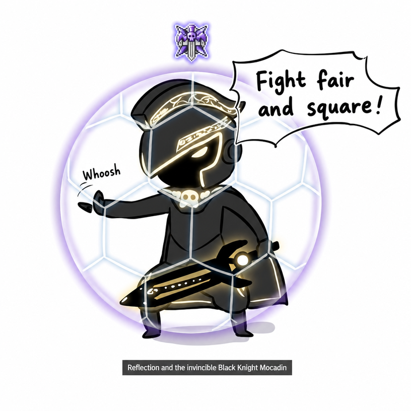 An illustration of the MapleStory Elite Boss, Black Knight Mocadin, wearing an invincibility shield and damage reflection, gesturing and shouting, 'Fight fair and square!'