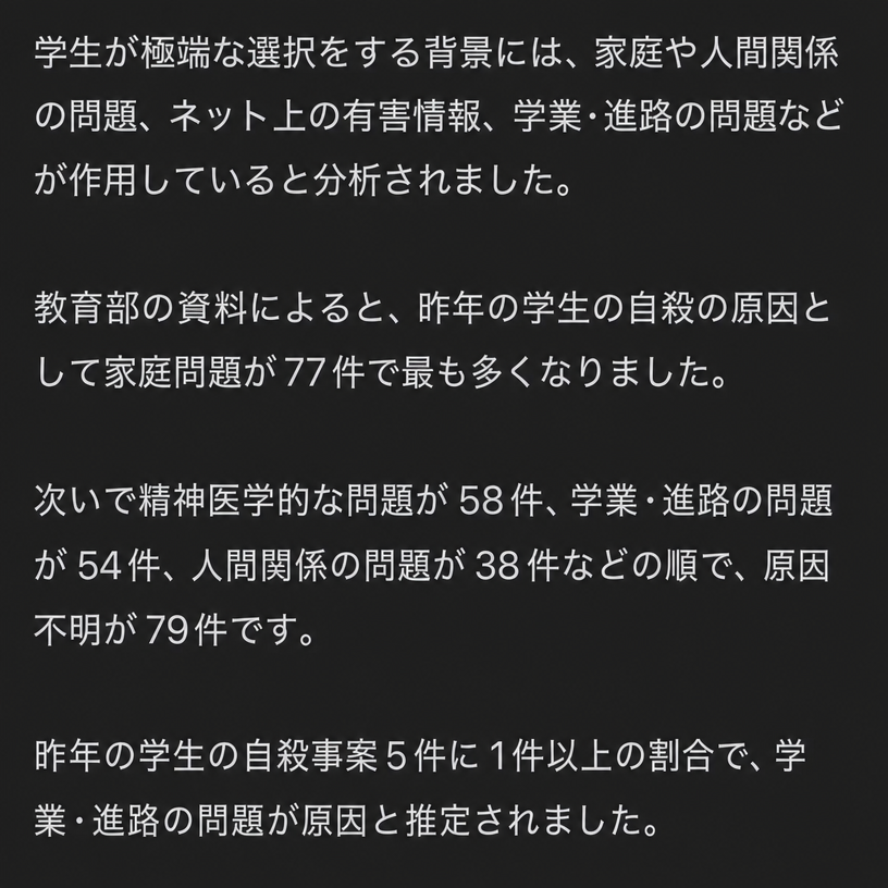 小中高生の極端な選択の原因別統計ニュースキャプチャ 本文2ページ