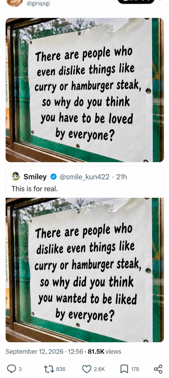 A screenshot of a Twitter post stating that if even curry and hamburger steak have people who dislike them, why would you think you need to be loved by everyone.
