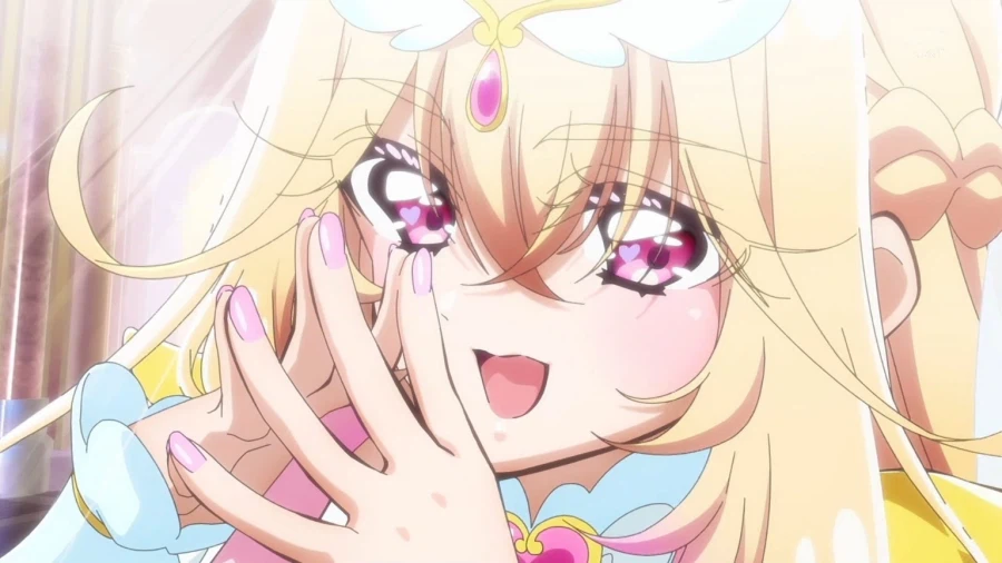 Close-up of a smiling blonde anime-style character with heart eyes