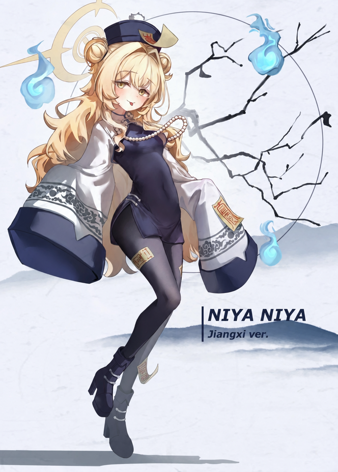 Illustration of a blonde anime girl in Jiangshi attire posing with blue will-o'-the-wisps
