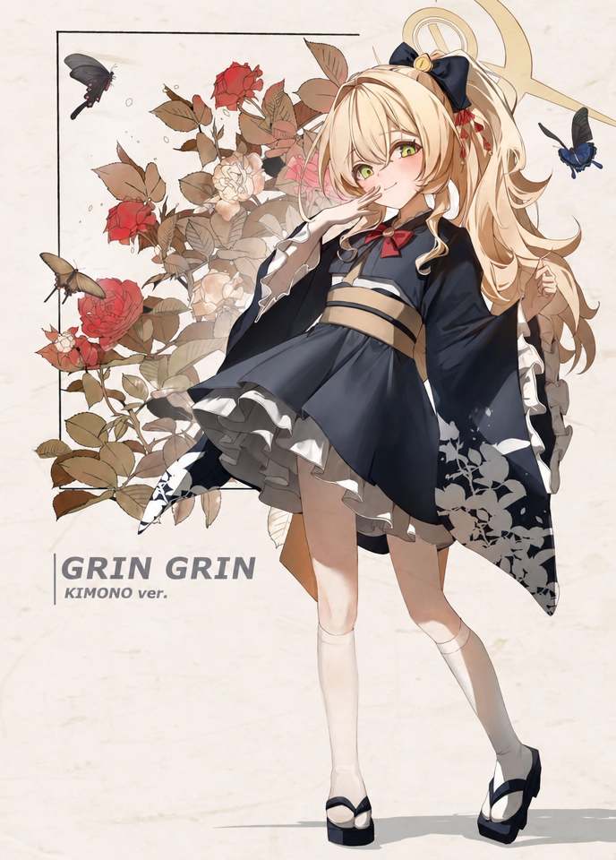 Illustration of a blonde anime girl in kimono-style attire standing against a background of roses and butterflies