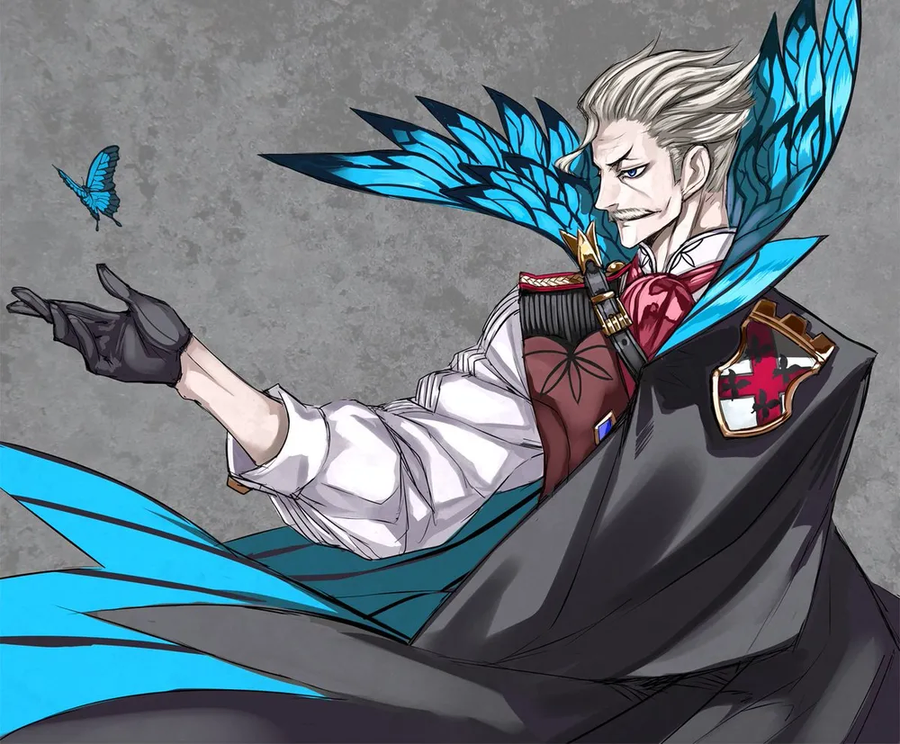 Illustration of a silver-haired gentleman in a cape with blue butterfly-wing-shaped collars holding a butterfly on his hand