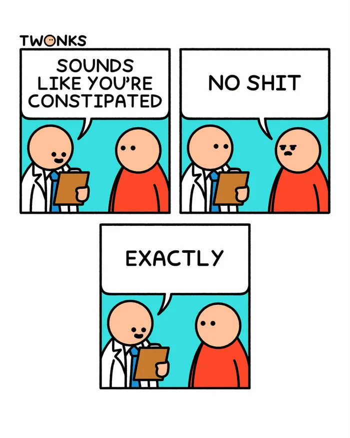 A three-panel comic by TWONKS showing a doctor examining a patient. In the first panel, the doctor says, 'SOUNDS LIKE YOU'RE CONSTIPATED.' In the second panel, the patient replies, 'NO SHIT.' In the third panel, the doctor happily confirms, 'EXACTLY.'