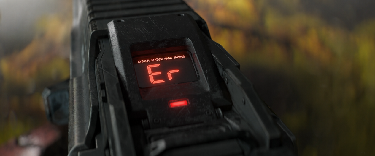 A close-up of the digital display near the Gauss rifle sight showing 'SYSTEM STATUS: AMMO JAMMED' with a red 'Er' error code.