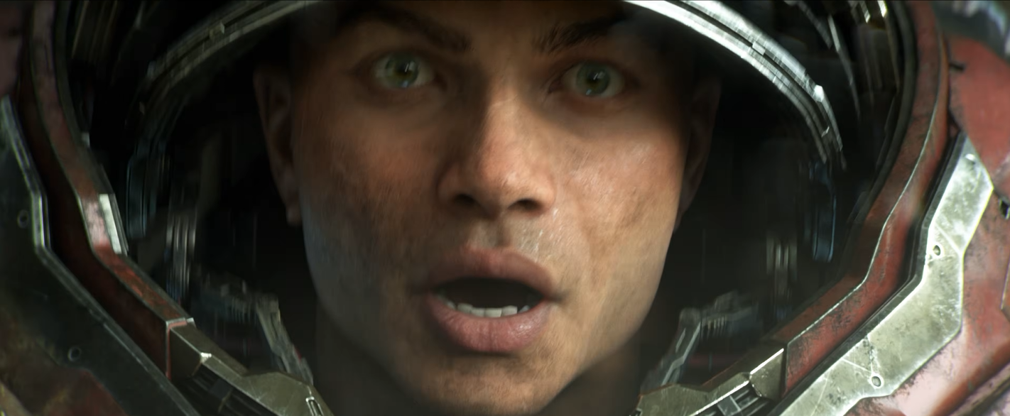 A close-up of a Marine's face, looking absolutely shocked after realizing his weapon has malfunctioned.
