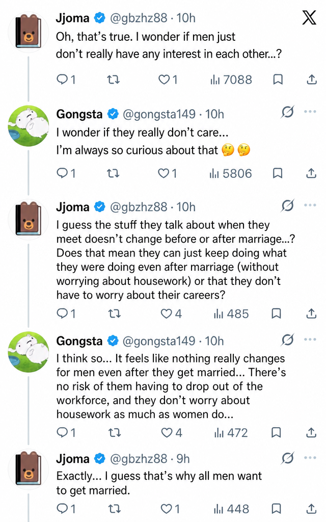 A screenshot of a Twitter thread discussing reasons why men maintain social relationships after marriage, as well as issues regarding housework and career breaks.