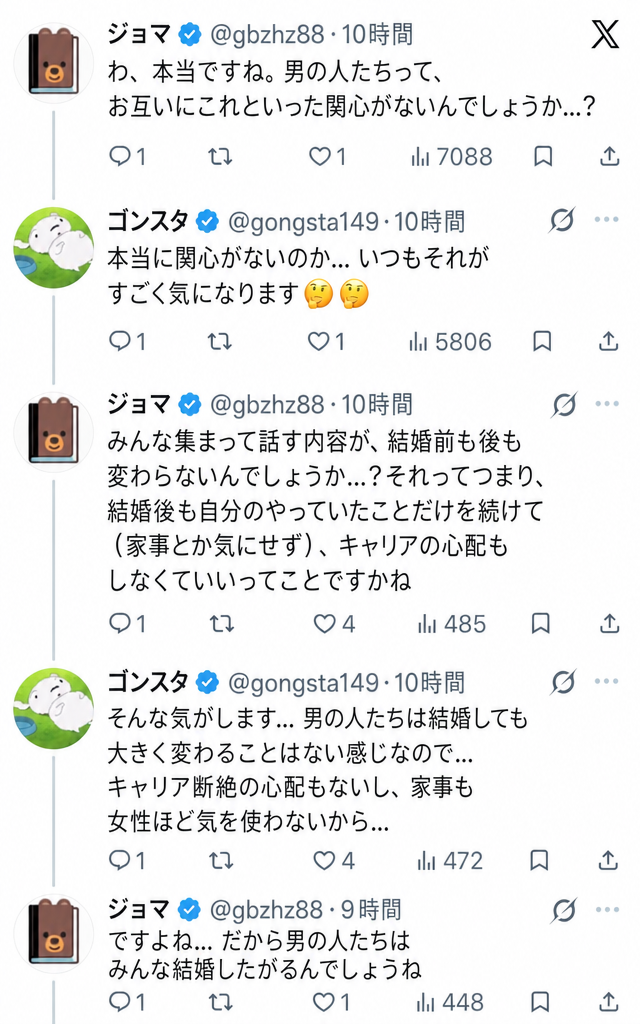 男性が結婚後も人間関係を維持する理由や、家事、キャリアの中断問題について対話しているTwitterのリプライ欄のスクリーンショット。