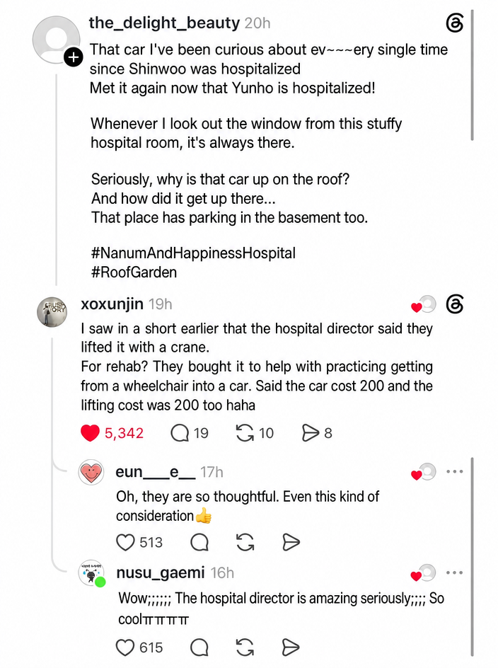 A screenshot of a post asking why a car is on the roof, along with a comment explaining it was lifted by crane for patient rehabilitation training.