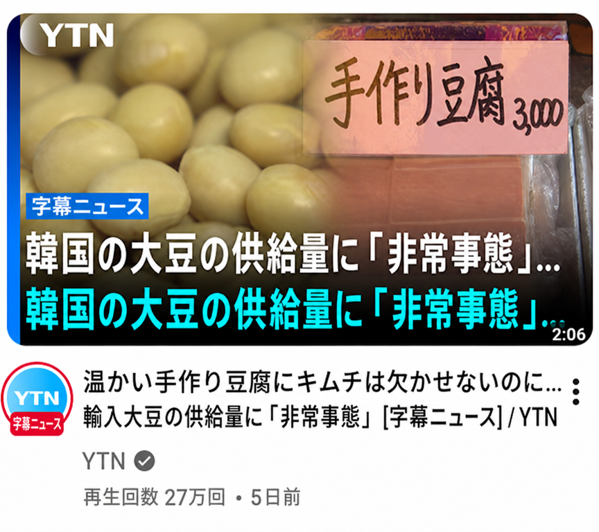 YTNニュースのYouTube動画のキャプチャ画像。サムネイルに「韓国の豆供給が非常事態…」という字幕が2回繰り返して書かれており、「温かい手作り豆腐にキムチは諦められないのに…輸入豆の供給が非常事態」というタイトルと27万回再生が記されている。