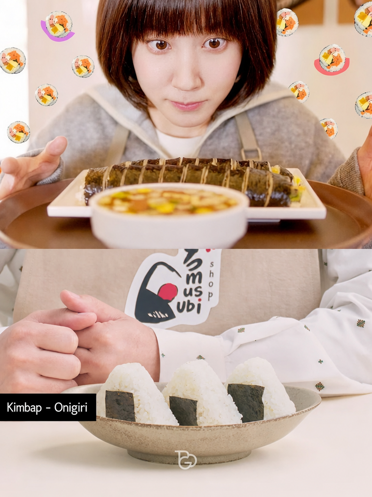 Side-by-side comparison photo of the kimbap eaten by Woo Young-woo in the Korean version and a triangular onigiri to appear in the Japanese version