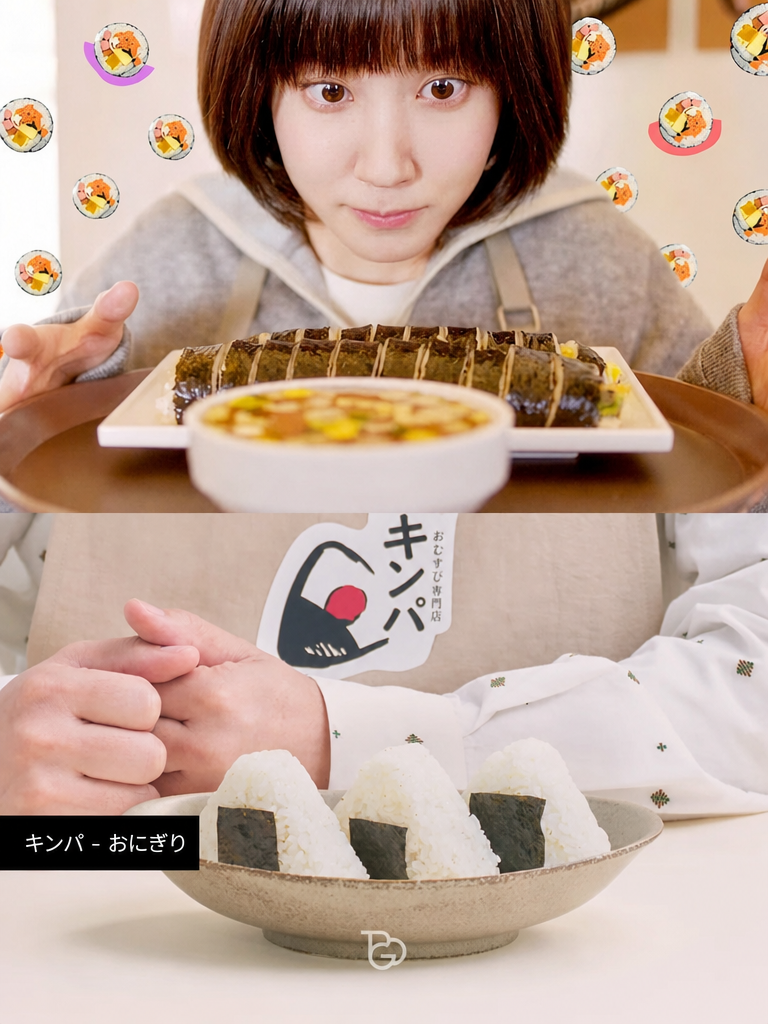 韓国版でウ・ヨンウが食べるキンパと日本版に登場する三角おにぎりの比較写真