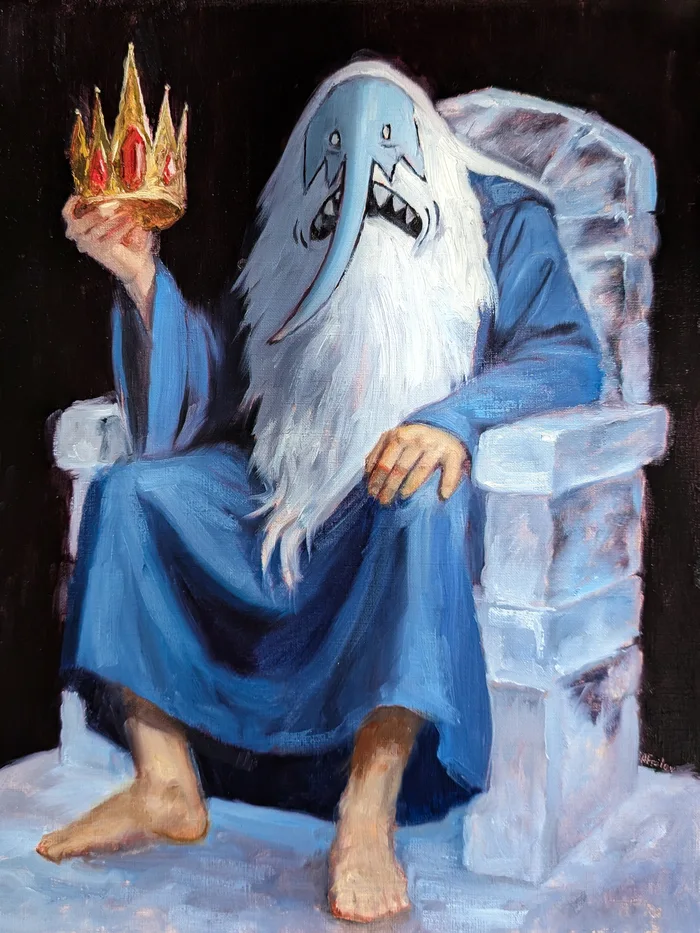 An oil painting depicting the Ice King from Adventure Time seated barefoot on a stone throne, holding up his golden crown with red jewels in his right hand.