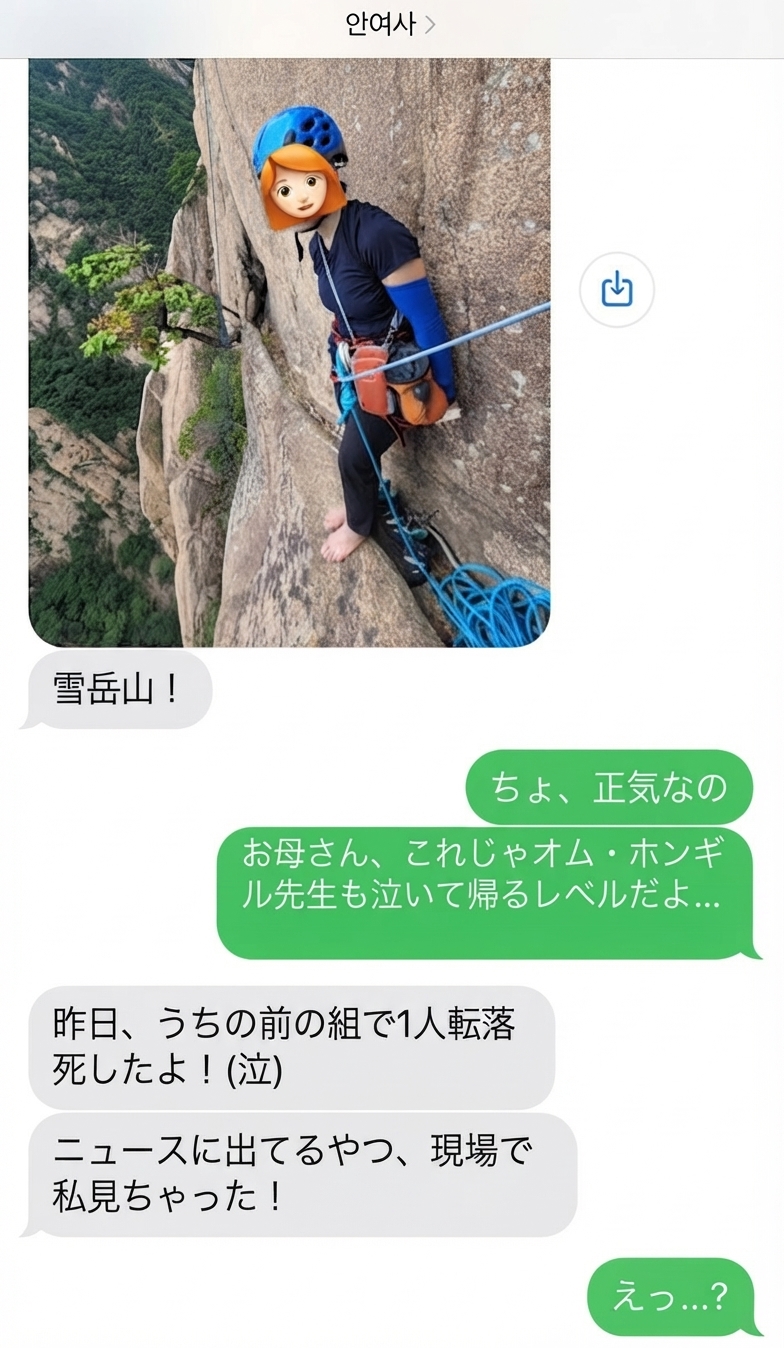 険しい岩壁にしがみつく母親の写真と、前のグループの登山客が転落死したことを伝える母親に驚愕する子どものメッセンジャー画面。