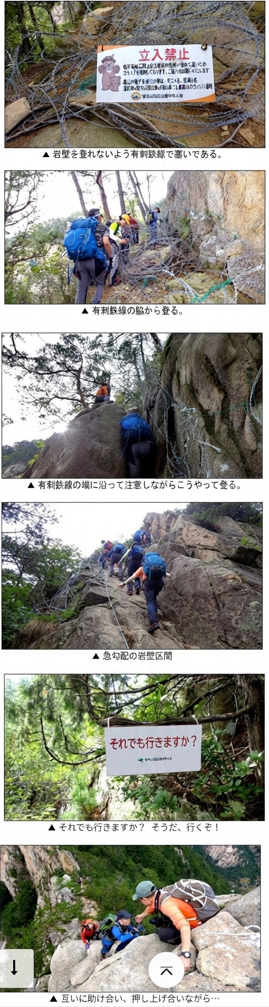 雪岳山・竜牙長城の規制区域にある有刺鉄線と警告看板を無視して険しい岩壁をよじ登る登山客たちの写真一覧。