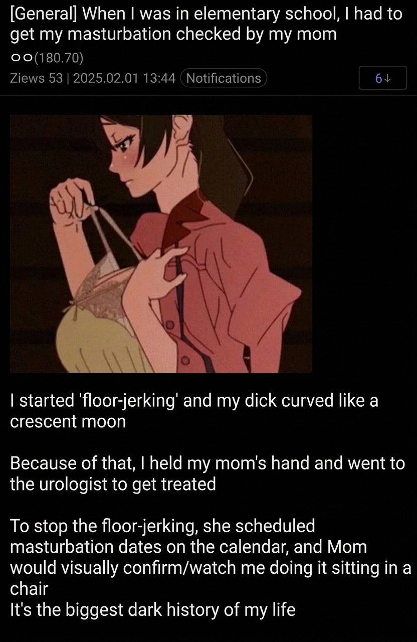 A screen capture of an online community post about a dark history of having to get masturbation habits checked by their mother during elementary school due to wrong techniques.