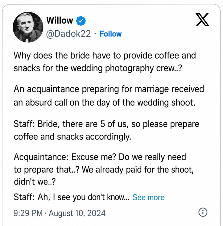A screenshot of a post on X (Twitter) exposing a situation where a photography crew demanded snacks from a bride.