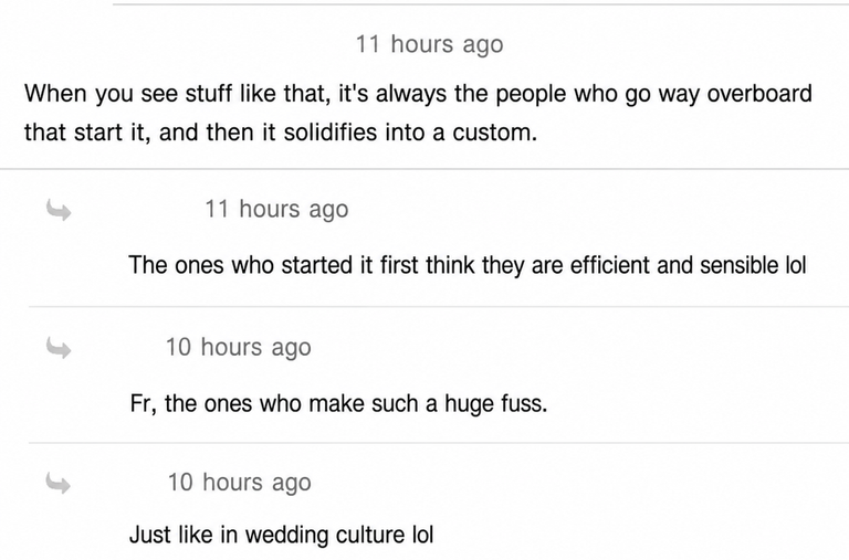 A screenshot of online community comments criticizing people who overdo things, setting precedents that solidify into bad customs.