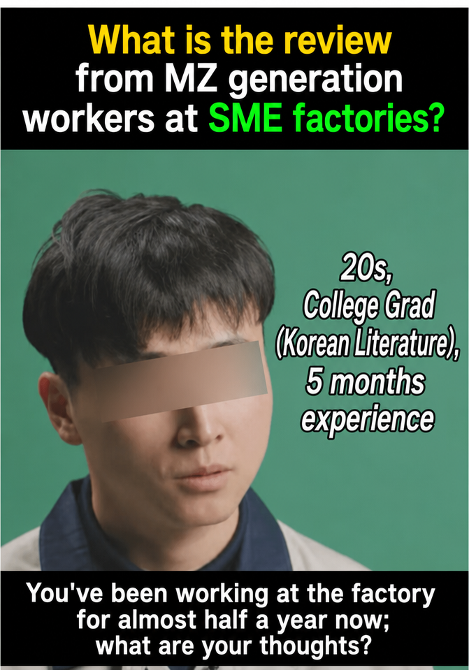 An interview scene with an employee whose specs are listed as '20s, college graduate (Korean Literature major), 5 months experience'. The caption at the bottom reads, 'You've been working at the factory for almost half a year now; what are your thoughts?'