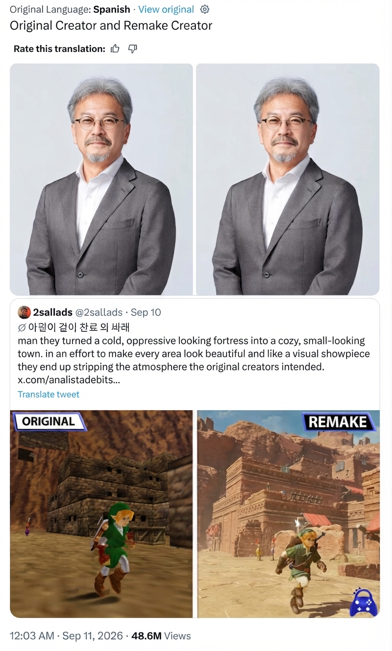 A meme image featuring two identical profile photos of Zelda series producer Eiji Aonuma side by side labeled 'Original Creator and Remake Creator', above a quoted social media post criticizing the Zelda fortress graphic comparison for ruining the original creator's intent.