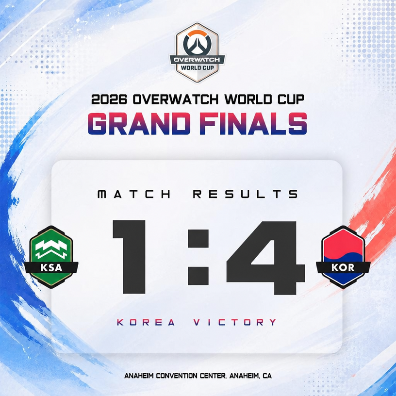 Match result graphic for the 2026 Overwatch World Cup Grand Finals between Saudi Arabia and South Korea, showing Korea winning 4 to 1.