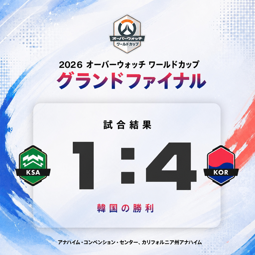 2026 オーバーウォッチ・ワールドカップ決勝戦 サウジアラビア対韓国の試合結果案内グラフィック（スコア1:4で韓国が勝利）