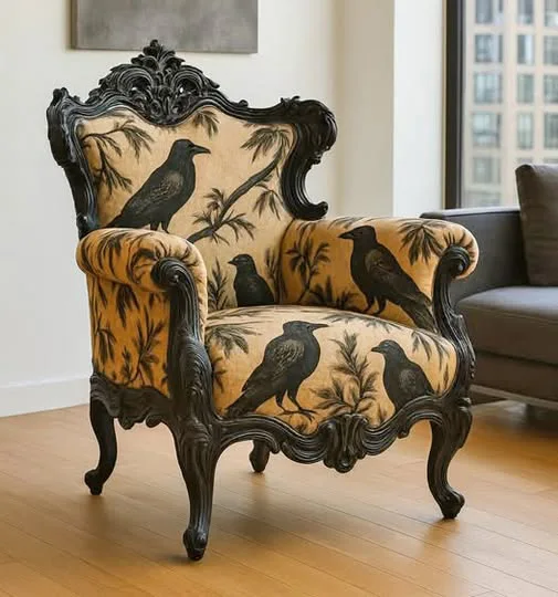 An ornate vintage-style armchair with a dark carved wood frame and patterned upholstery depicting black crows among tree branches.