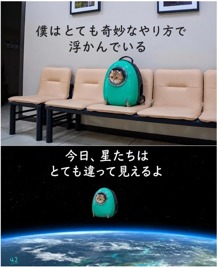 病院の待合室の椅子に置かれたバブルリュック型キャリーの中の猫と、地球の軌道上に浮かぶ同じキャリーの合成写真。デヴィッド・ボウイの「スペース・オディティ」の歌詞が添えられている。