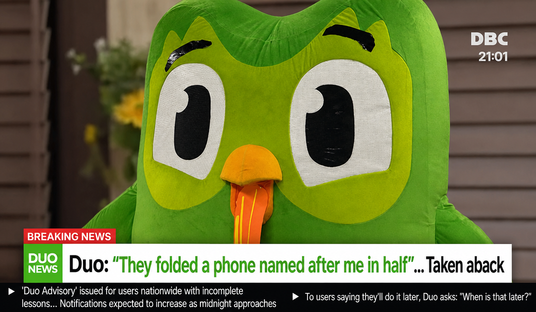 The Duolingo mascot costume looking flustered in an image edited to look like a breaking news broadcast