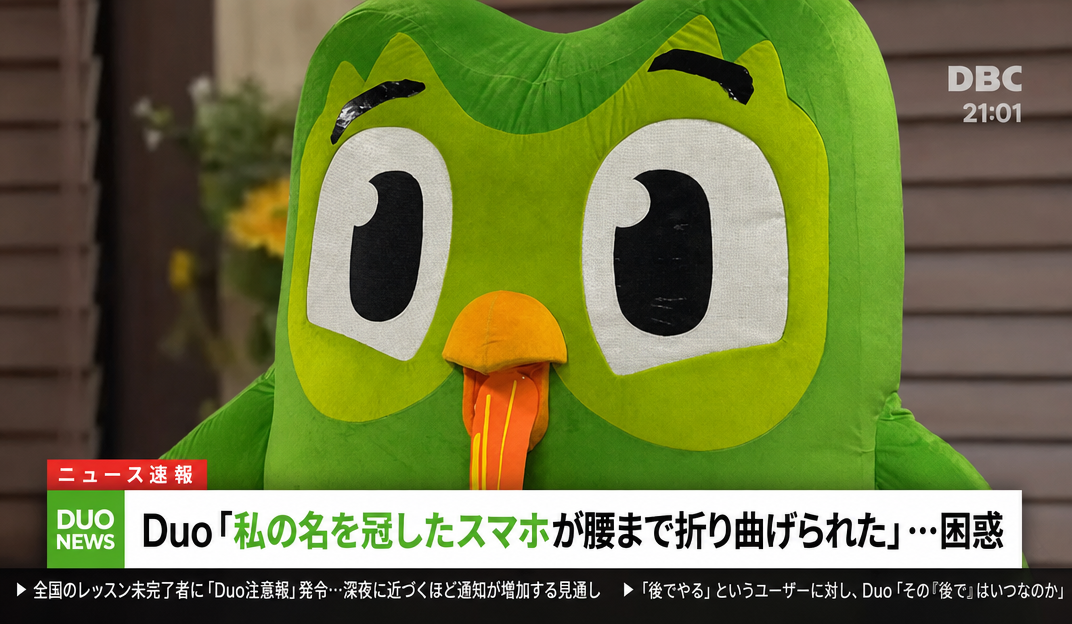 ニュース速報風に編集された画面の中で、困惑した表情を浮かべるDuolingoのマスコット着ぐるみ