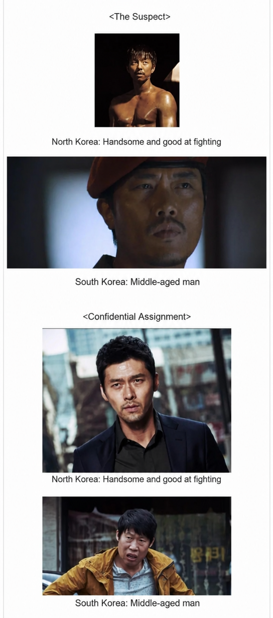 Comparison image from the movies 'The Suspect' and 'Confidential Assignment' showing North Korean characters as handsome and good at fighting, while South Korean characters are depicted as friendly middle-aged men.