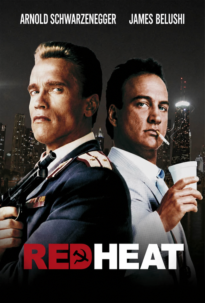 Poster for the movie 'Red Heat'. Features Arnold Schwarzenegger as a Soviet policeman and James Belushi as an American detective.