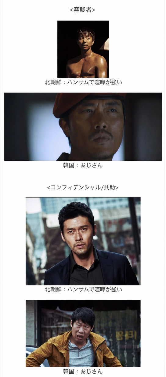 映画『容疑者』と『コンフィデンシャル/共助』の比較画像。北朝鮮のキャラクターはハンサムで喧嘩が強い役、韓国のキャラクターは親しみやすいおじさん役として対比されている。