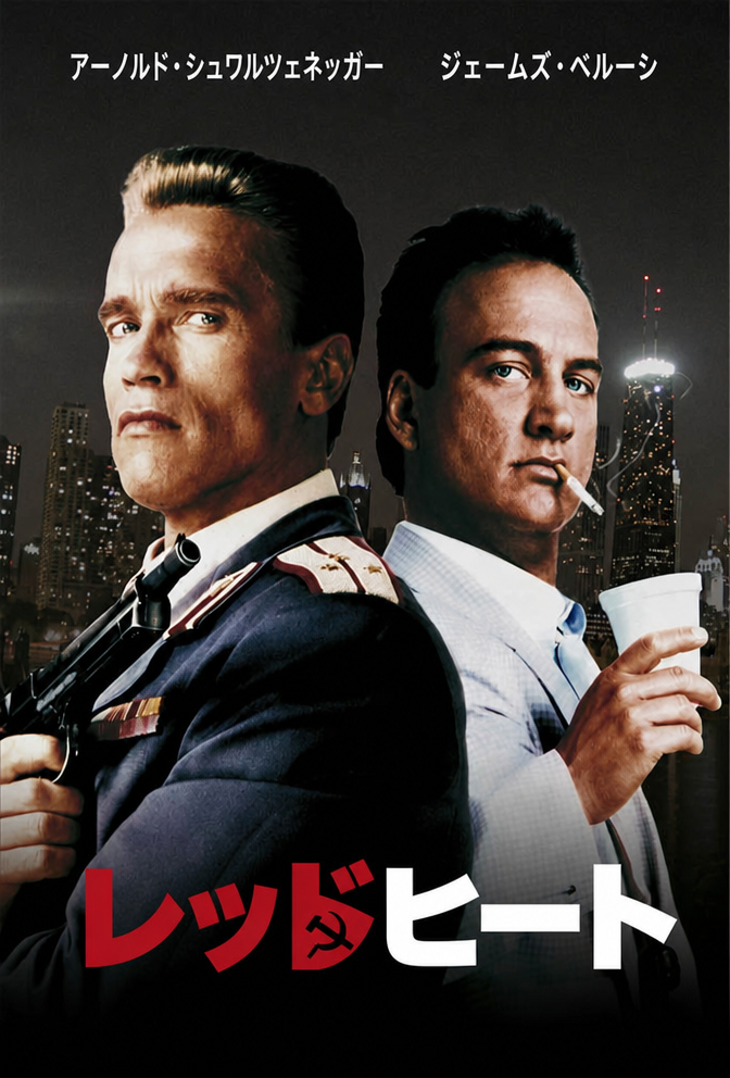映画『レッドブル』のポスター。ソ連の警察官役のアーノルド・シュワルツェネッガーとアメリカの刑事役のジェームズ・ベルーシの姿。