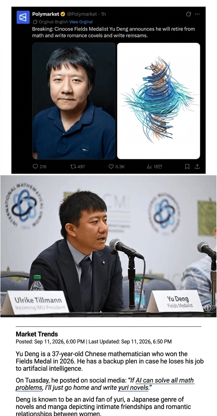 A screenshot of social media and news reports featuring a photo of Chinese mathematician Yu Deng, stating he will retire from mathematics and write yuri novels if AI solves all math problems.