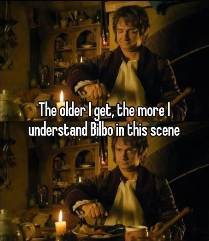 Two-panel meme of Bilbo Baggins looking annoyed while eating dinner, captioned: 'The older I get, the more I understand Bilbo in this scene'.