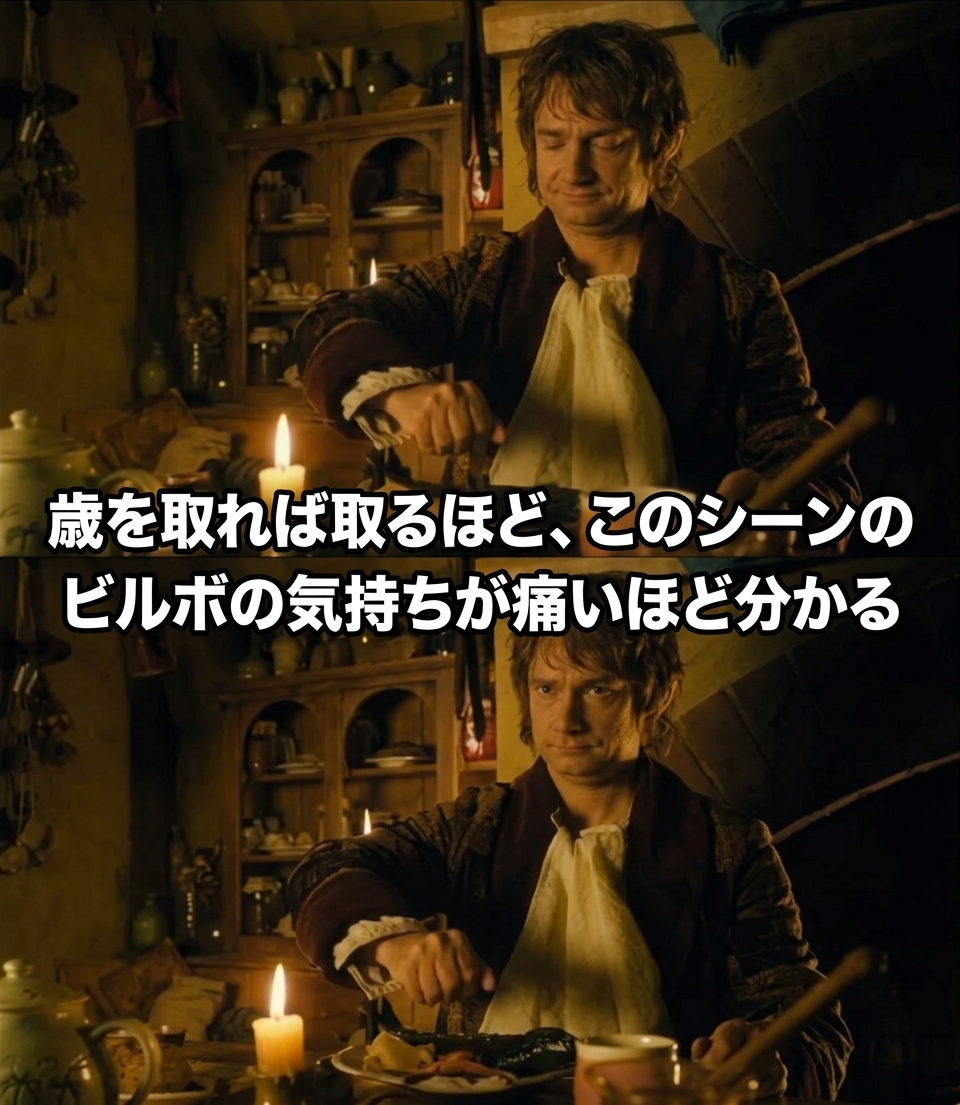 不満そうに夕食を食べているビルボ・バギンズの2コマのミーム。「歳を取れば取るほど、このシーンのビルボの気持ちがよく分かるようになる」というキャプションが付いている。