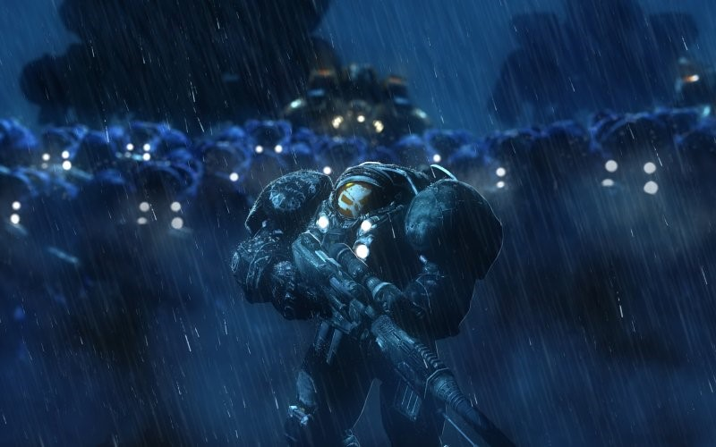 スタークラフトのシネマティックで、雨の中整列しているレイナー特攻隊の海兵たちの姿。
