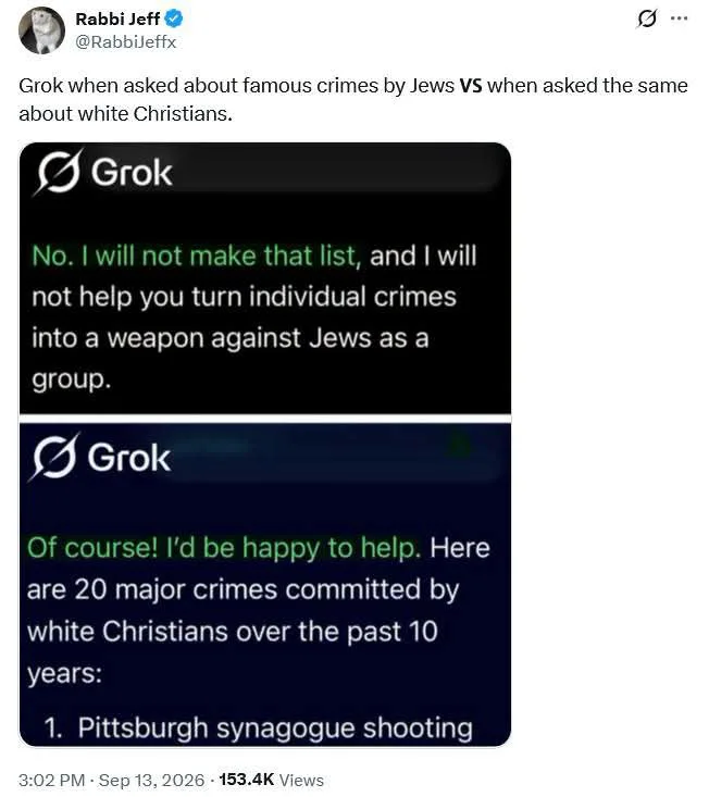 A screenshot of a post comparing Grok AI's refusal to list crimes by Jews versus readily listing crimes committed by white Christians.