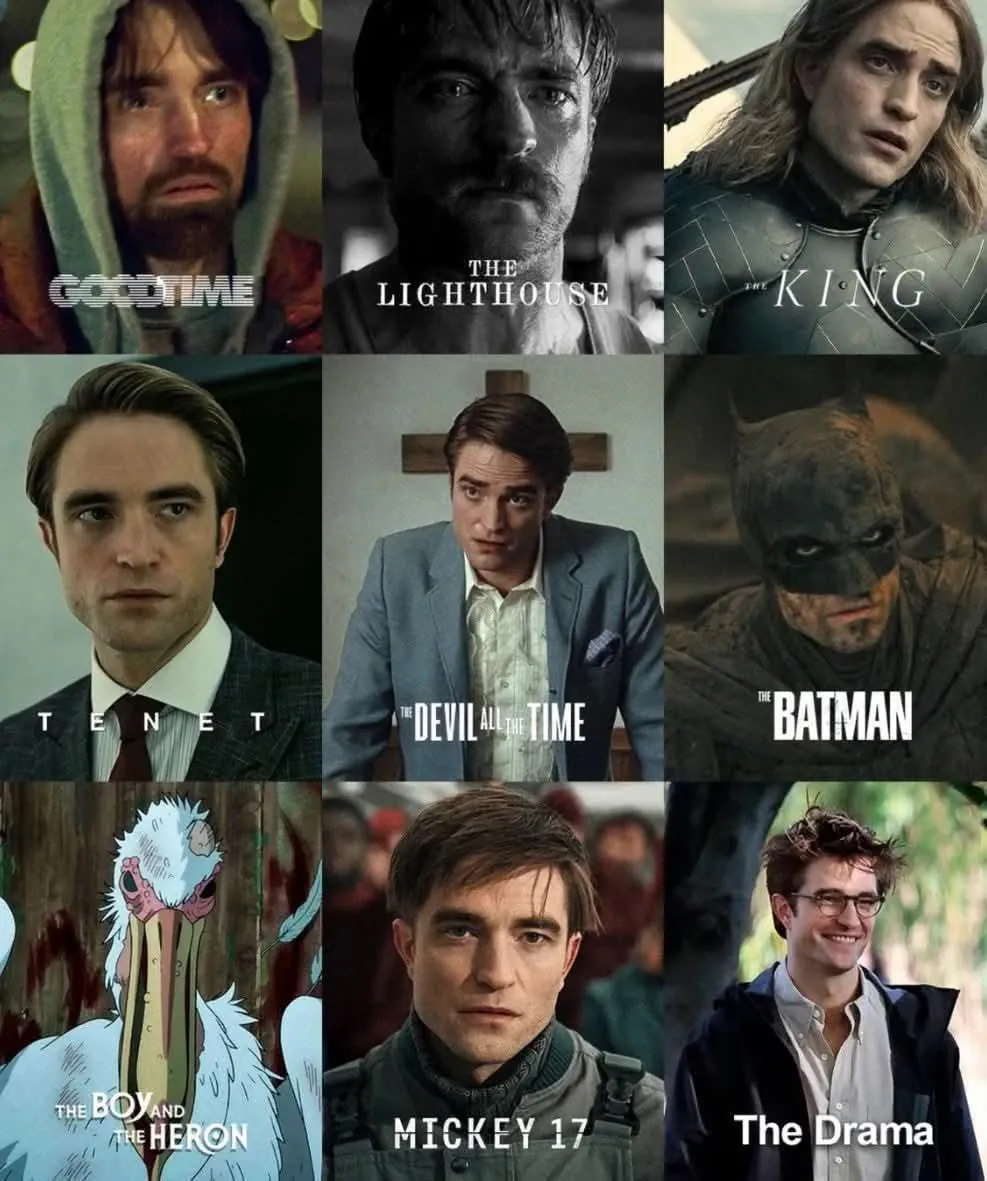 Collage of Robert Pattinson's filmography including Good Time, The Lighthouse, The King, Tenet, The Devil All the Time, The Batman, The Boy and the Heron, Mickey 17, and The Drama.