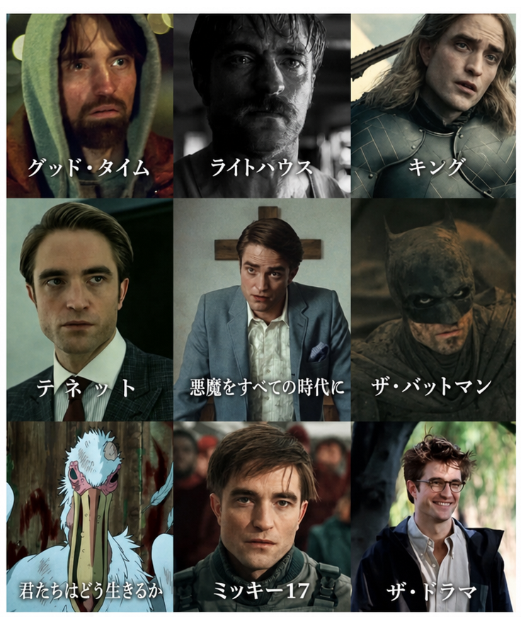 『グッド・タイム』『ライトハウス』『キング』『TENET テネット』『悪魔はいつもそこに』『THE BATMAN-ザ・バットマン-』『君たちはどう生きるか』『ミッキー17』『ザ・ドラマ』など、ロバート・パティンソンの出演作をまとめた画像