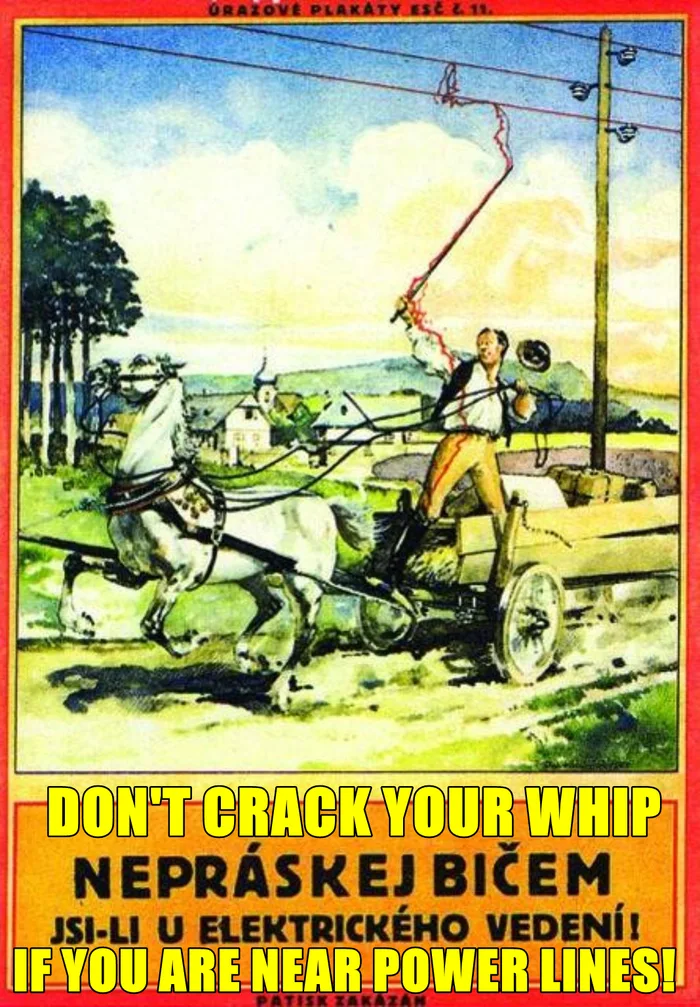 A 1926 Czech electrical safety poster showing a man on a horse cart accidentally touching overhead power lines with his whip and getting an electric shock, with warning text in Czech and English.