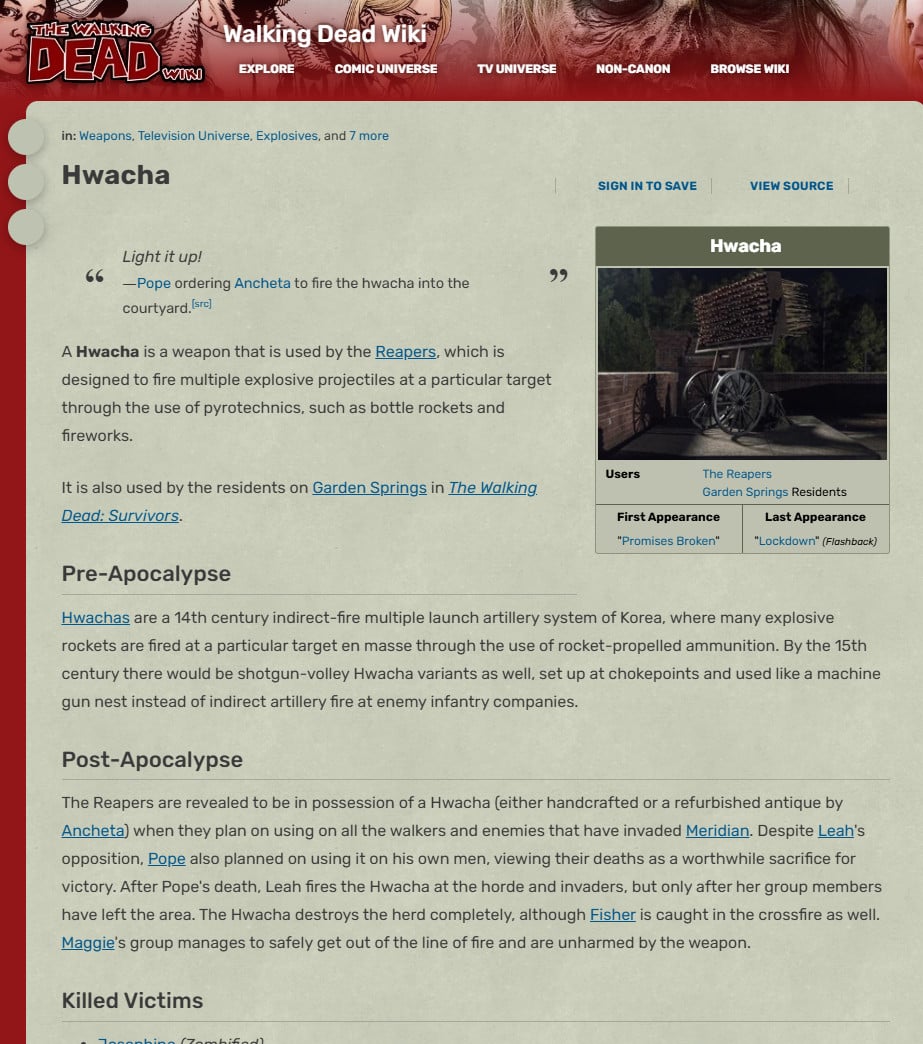 A screenshot of the 'Hwacha' weapon entry registered on The Walking Dead Wikipedia.