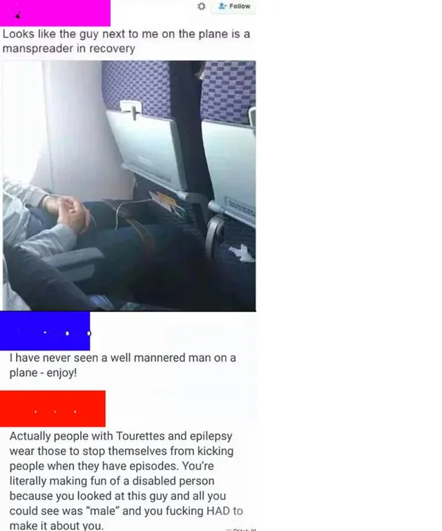 A social media screenshot showing a photo of a man on an airplane with a strap keeping his legs together. The caption mocks him as a 'manspreader in recovery', followed by a supportive comment, which is then corrected by a commenter explaining that people with Tourette's or epilepsy use straps to prevent involuntary kicking during episodes.