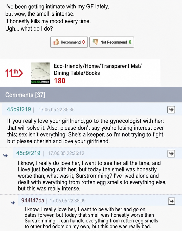 Screenshot of a post about someone concerned about their girlfriend's strong odor, along with a comment suggesting she visit a gynecologist.
