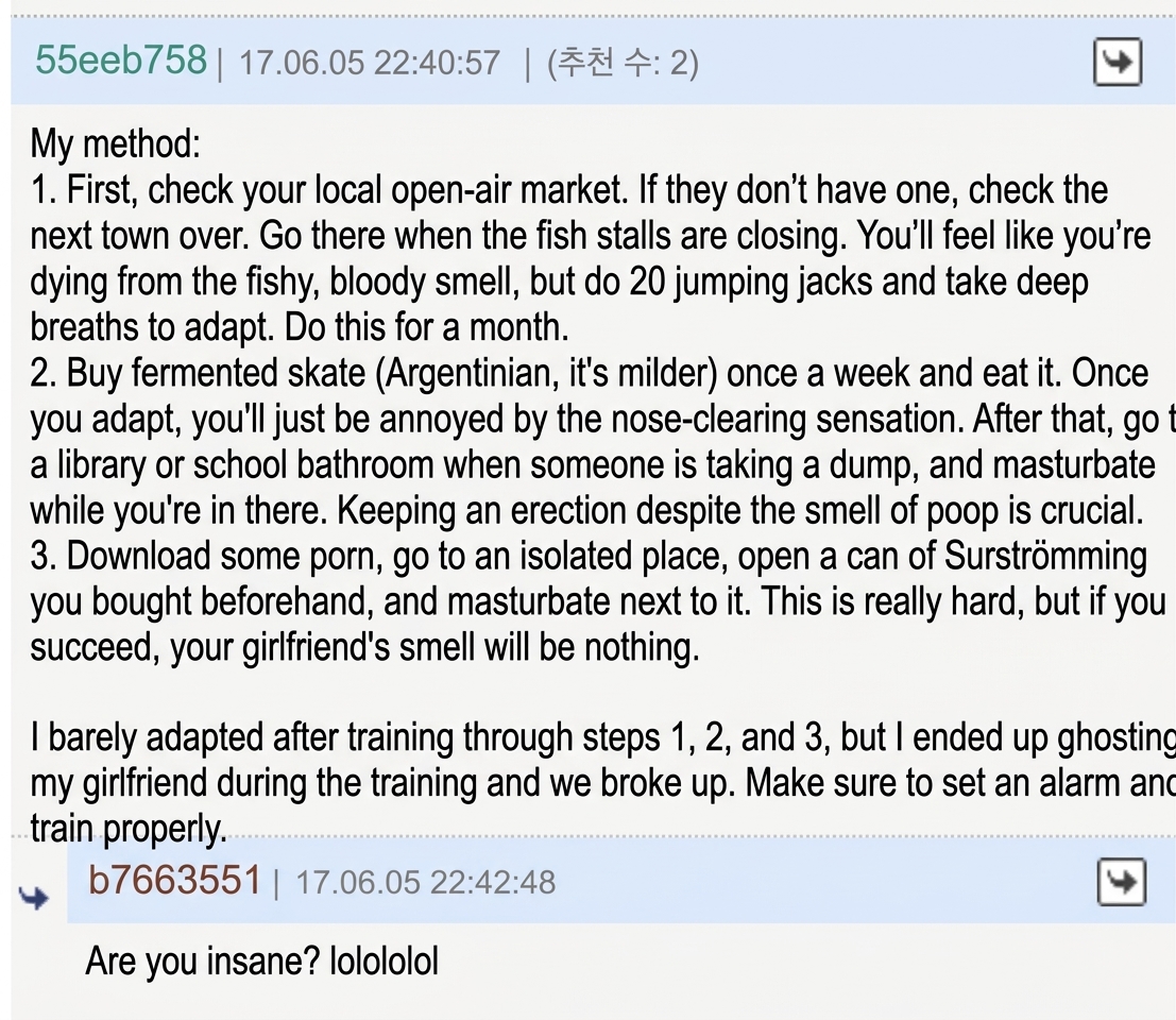 Screenshot of a comment thread describing an absurd training method involving fish market smells, fermented skate, and Surströmming.
