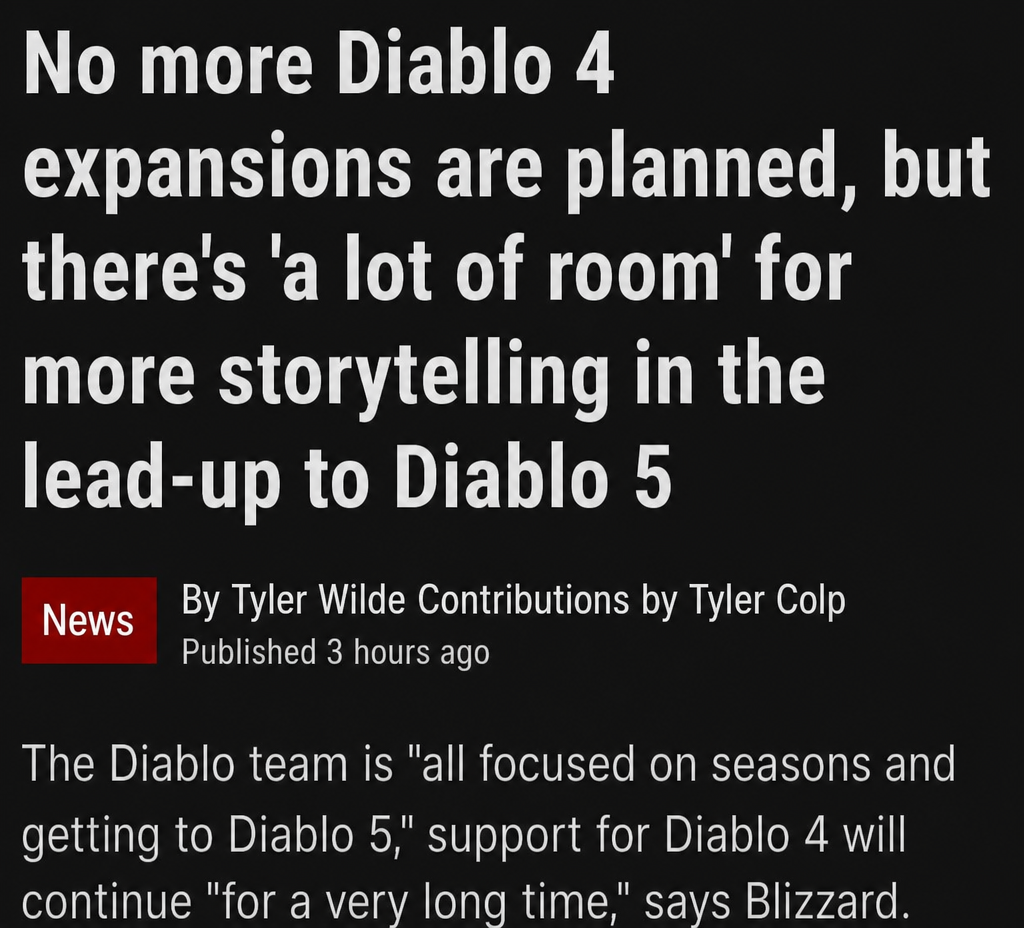 Screenshot of an overseas gaming news article reporting that no more Diablo 4 expansions are planned, but there is plenty of room for storytelling leading up to Diablo 5.