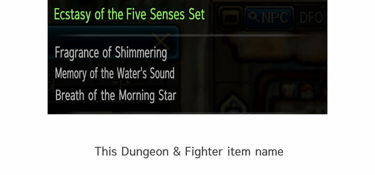 A screenshot of the item tooltip for the 'Ecstasy of the Five Senses' epic accessory set from the game Dungeon & Fighter (Fragrance of Shimmering, Memory of the Water's Sound, Breath of the Morning Star).