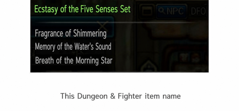 A screenshot of the item tooltip for the 'Ecstasy of the Five Senses' epic accessory set from the game Dungeon & Fighter (Fragrance of Shimmering, Memory of the Water's Sound, Breath of the Morning Star).