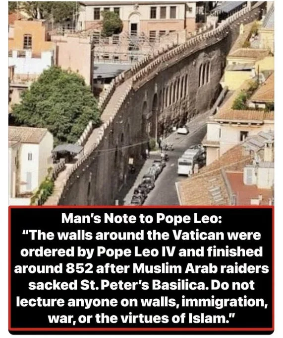 Aerial view of the massive stone walls of the Vatican alongside a street, with a caption addressing the historical context behind their construction.